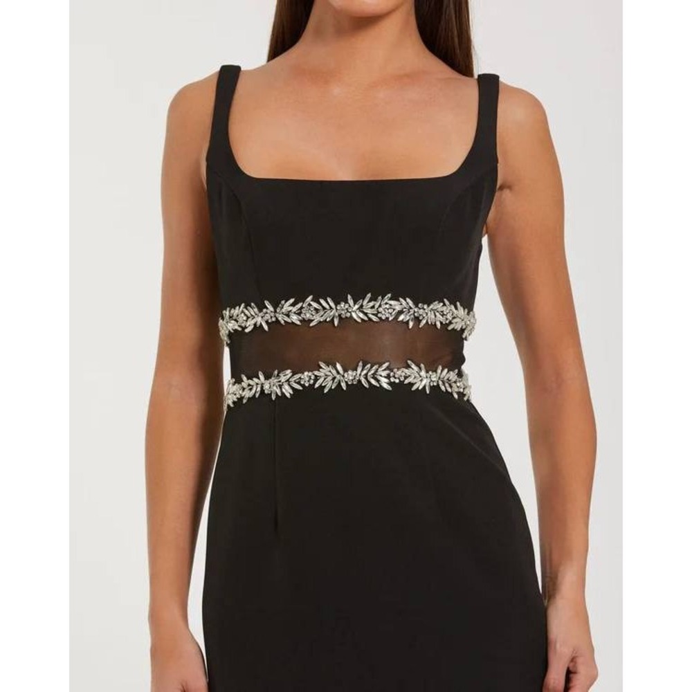NWT Mac Duggal Black‎ Crepe Ruffle Hem Midi Dress With Jewel Detail - Size 8 - Picture 7 of 14